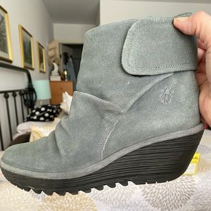 Fly London Wedge Booties Iron Suede size 40